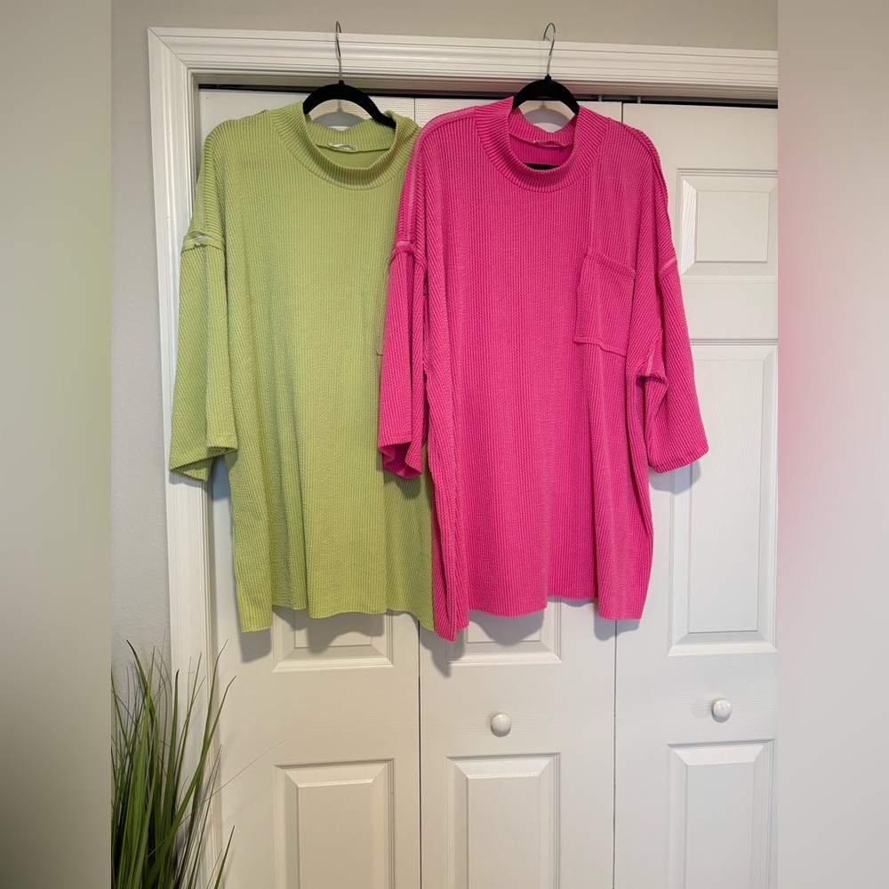 BUNDLE - Nellie Mae, 2 Bright Pink & Chartreuse  Oversized Knit Tops